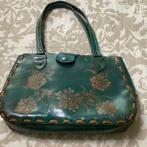 Vintage Tooled Leather Handbag. Teal